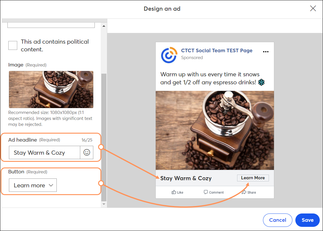 Ad Description field, Political Content option, Ad Headline field, Button Text drop-down Menu, and Back Arrow