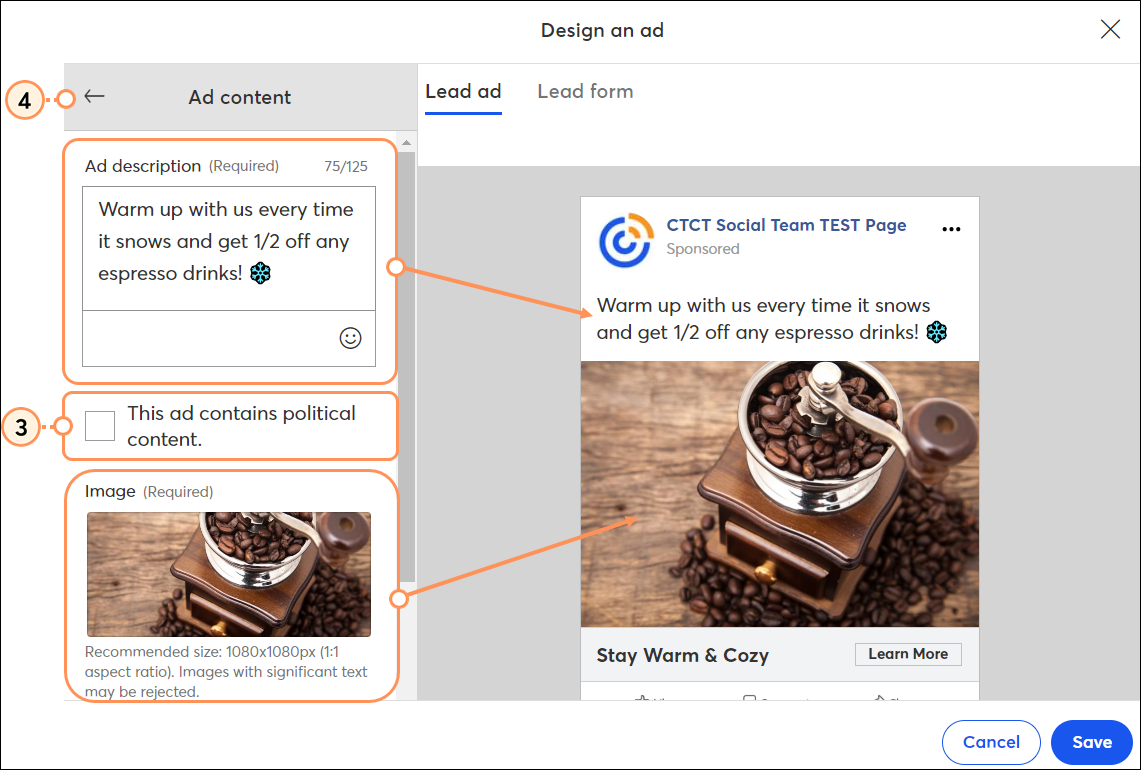 Ad Description field, Political Content option, Ad Headline field, Button Text drop-down Menu, and Back Arrow