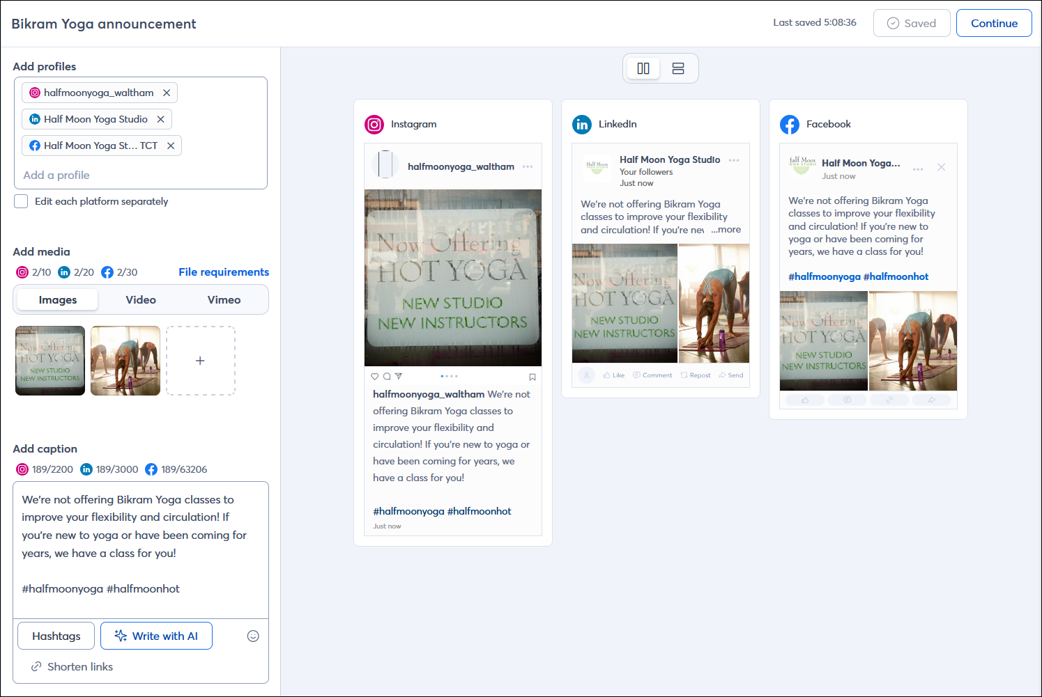 Editor de Social post con contenido de publicación para Facebook, Instagram y LinkedIn