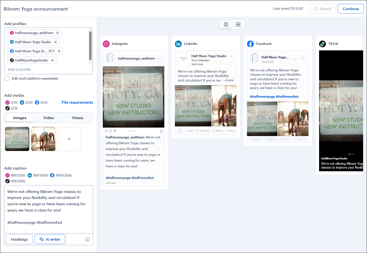 Social post editor with post content for Facebook, Instagram, and LinkedIn