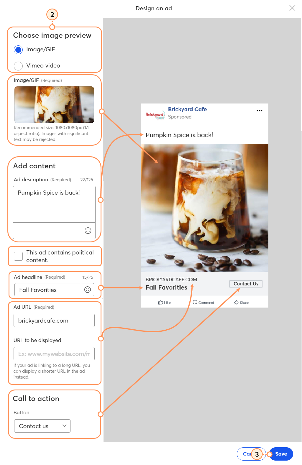 Ad Description field, Political Content option, Image option, Ad Headline, Ad URL, and URL To Be Displayed fields, Button Text drop-down menu, and Save buttons