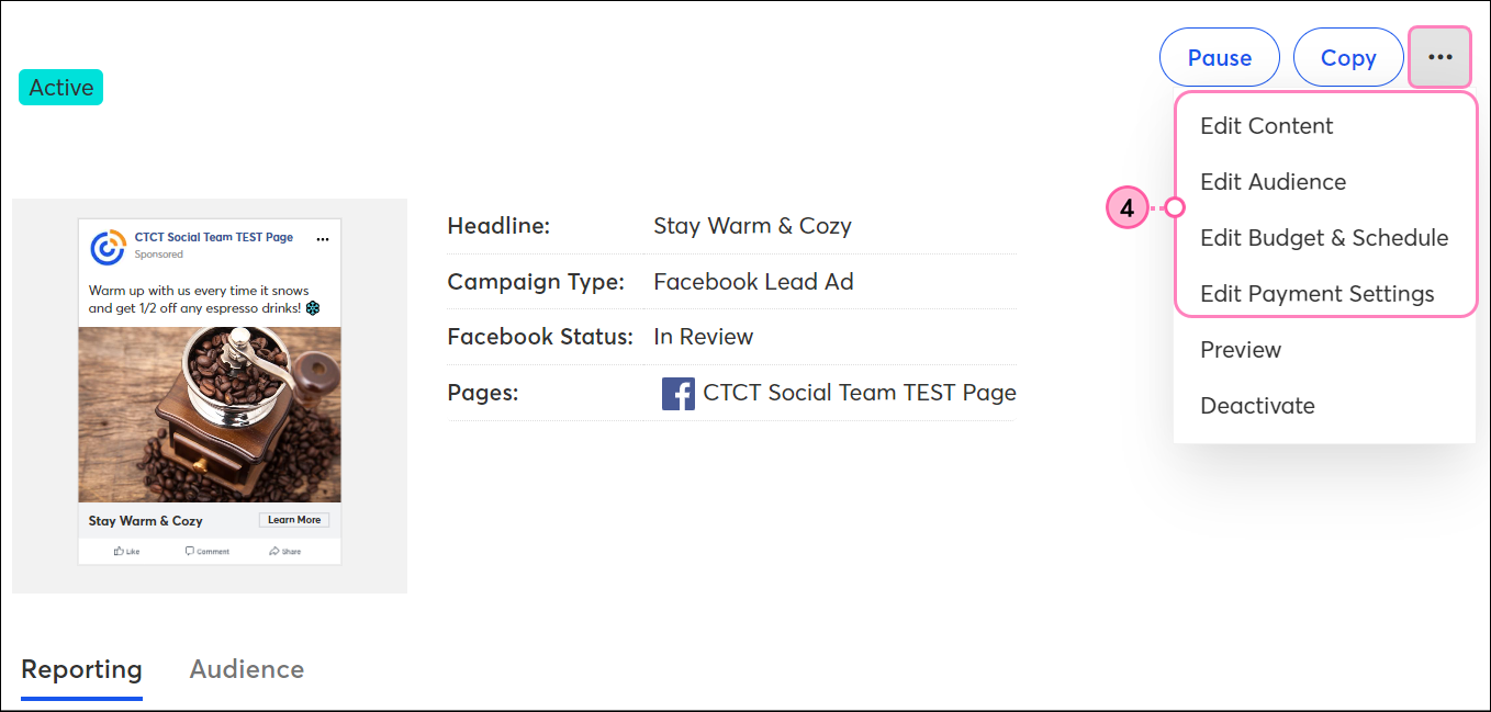 Ad Details page with Ad Options drop-down menu expanded, and Edit Content, Edit Audience, Edit Budget & Schedule, and Edit Payment Settings options