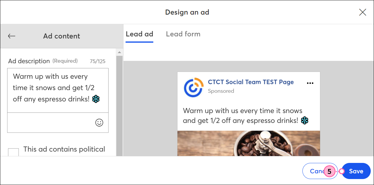 Design Your Ad overlay with updated Ad Description content and Save button