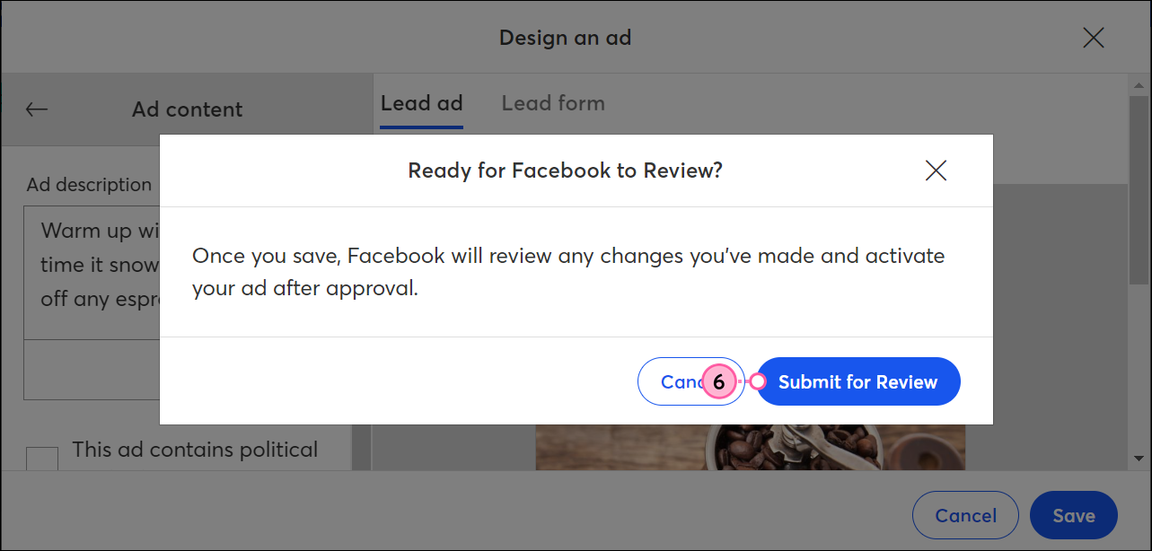Ready for Facebook to Review? overlay with Submit for Review button
