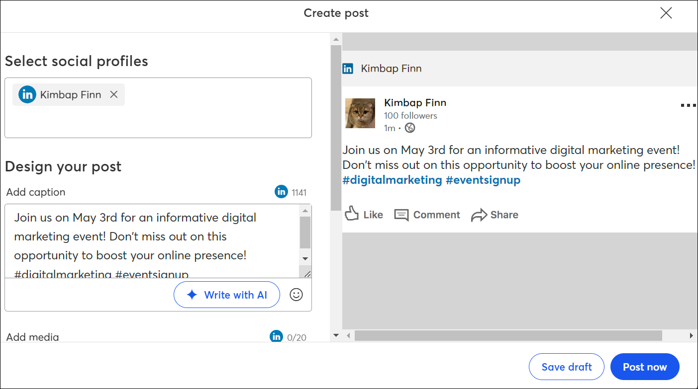 Social Profile Tabs, Post Content Field, Add Image Button, Schedule Options, and Schedule Post Button