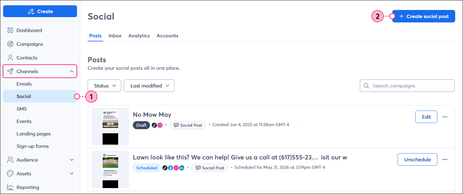 Channels menu expanded and Social option selected, social dashboard with + Create social post button