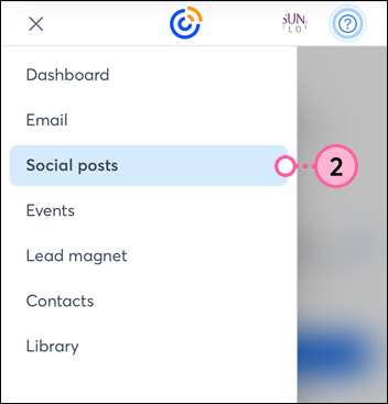 Constant Contact homepage with navigation menu expanded and Social posts option selected