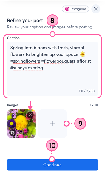 Refine your post page with Caption text, AI-generated image and Add image button, and Continue button.