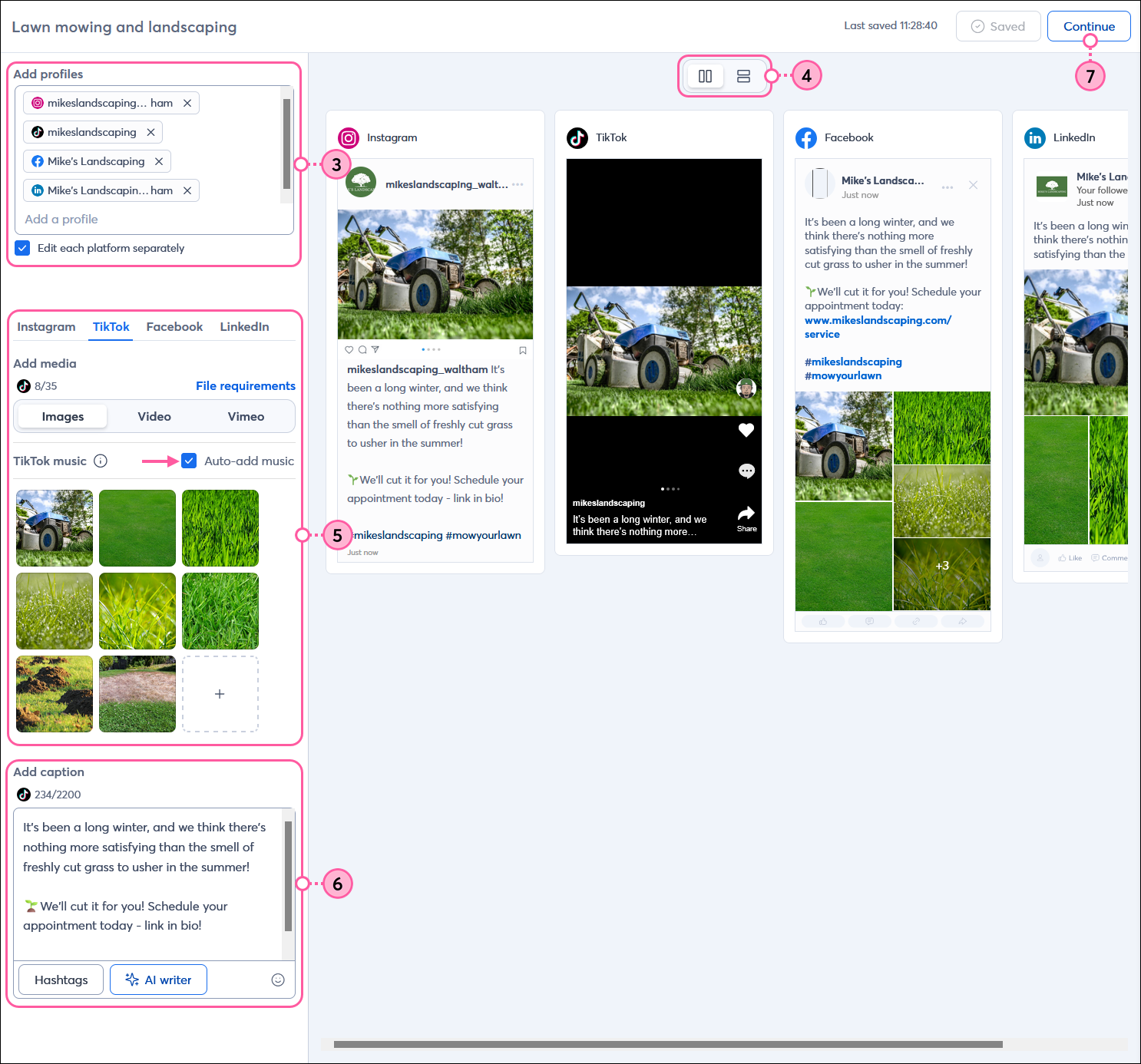 Social post editor with Add profiles section and Edit each platform separately option selected, Add media section with multiple images selected, Add caption section with Instagram content, Hashtags button, AI Writer button, emoji option, and Shorten link option and Continue button