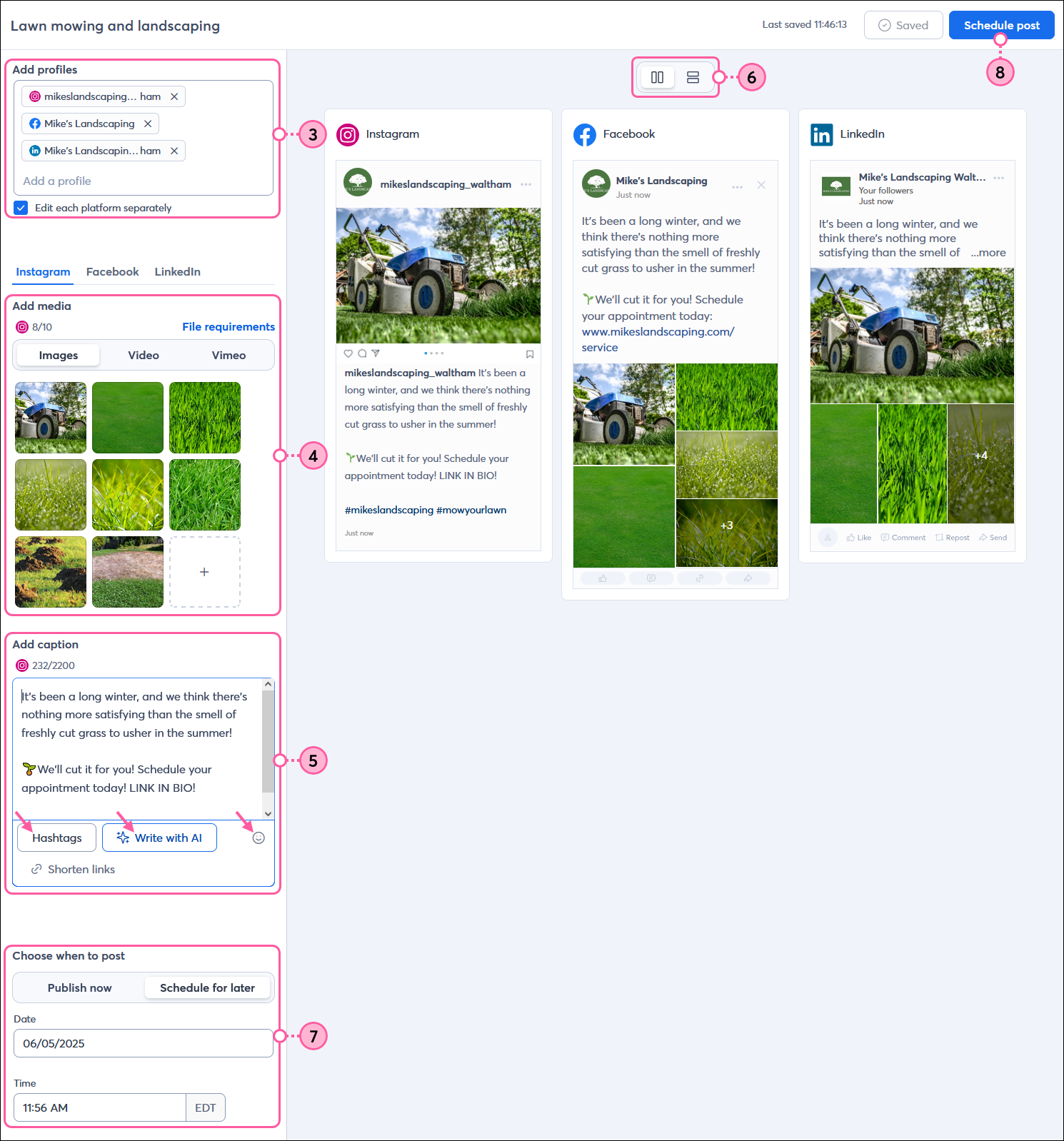 Social post editor with Add profiles section and Edit each platform separately option selected, Add media section with multiple images selected, Add caption section with Instagram content, Hashtags button, Write with AI button, emoji option, and Shorten link option, Choose when to post section with Schedule for later option selected and date options, and Schedule post button
