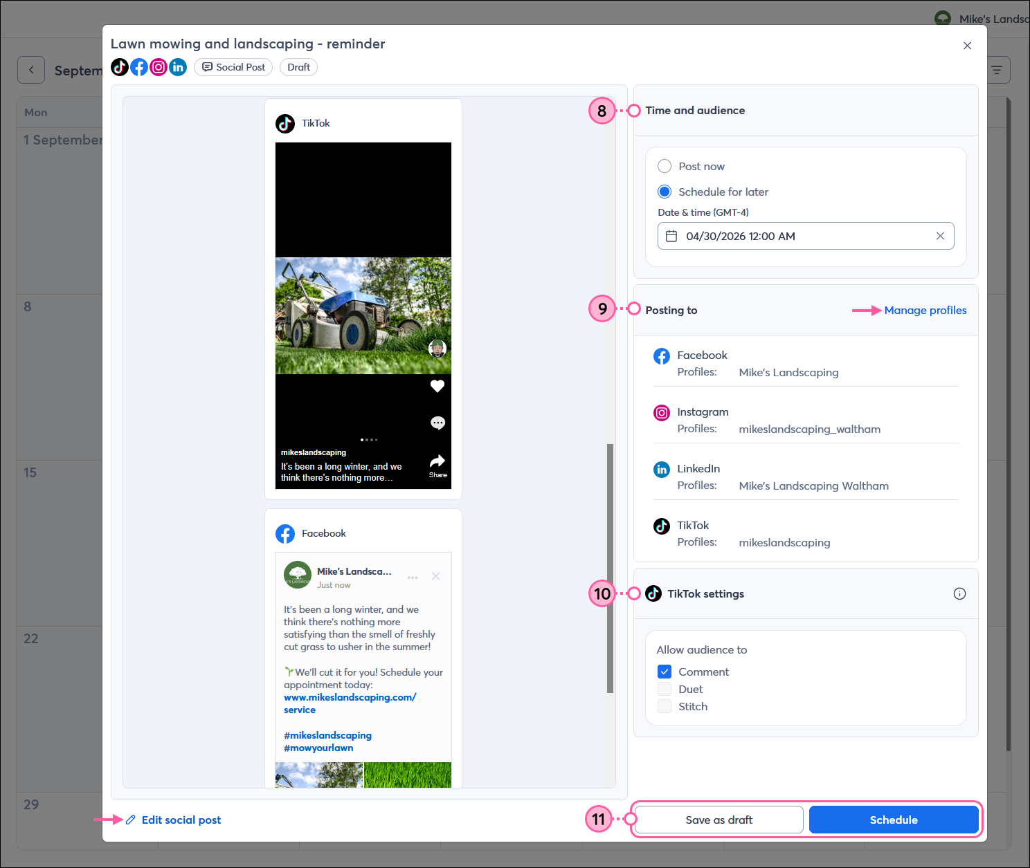 Social post schedule options with post previews, Schedule for later option selected, TikTok settings, and Schedule button