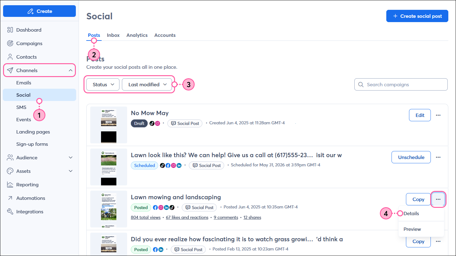 Channels menu expanded with Posts option selected, Social dashboard with Posts tab selected, Status drop-down menu and Sort By drop-down menu, and Posted social post with menu expanded and Details option selected