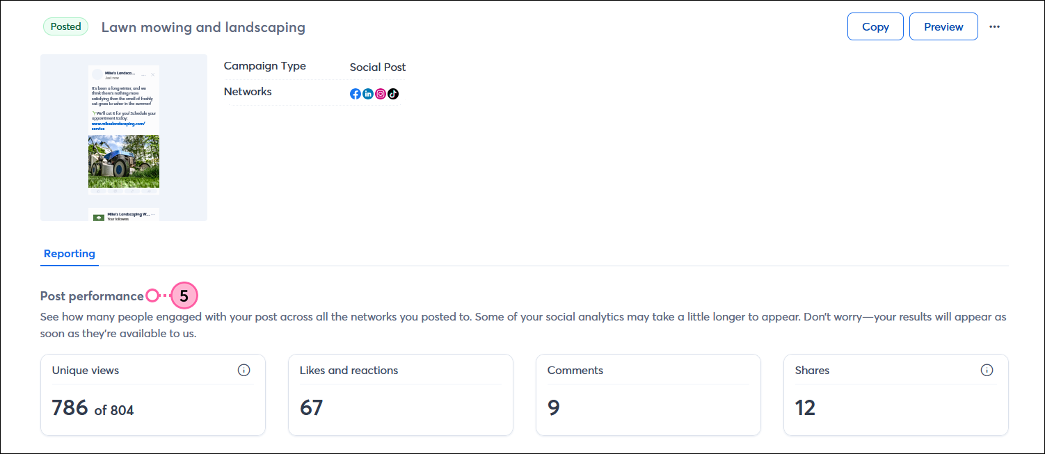 Social post details page with Reporting tab selected, Post performance section with Impressions, Reach, and Engagements metrics