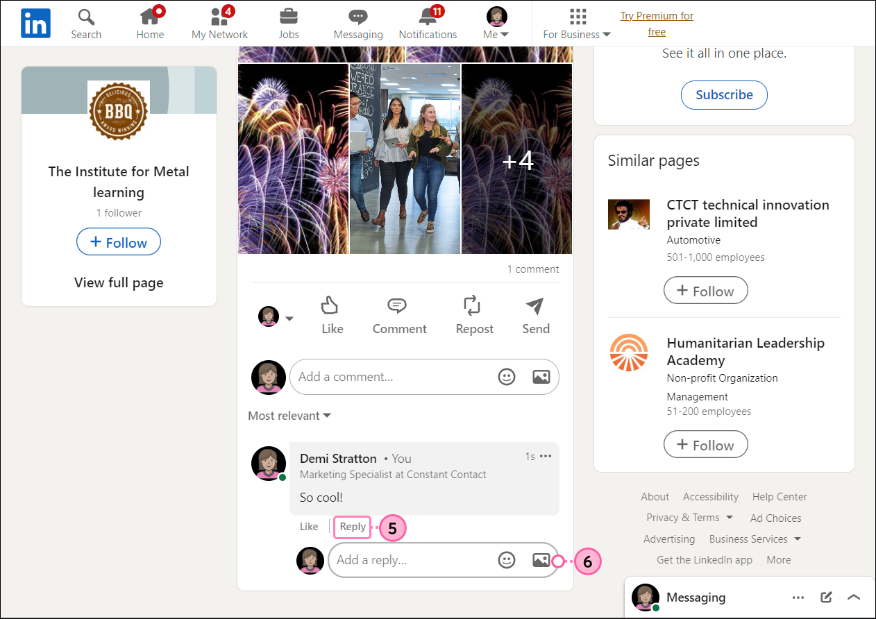 Publicación de LinkedIn con respuesta, campo de texto y botón de respuesta
