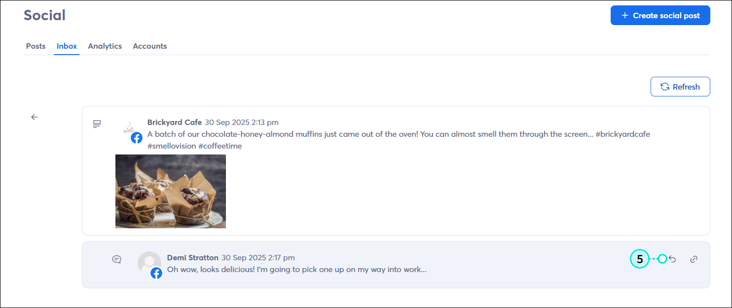 Social post thread with original post and new comment with reply option