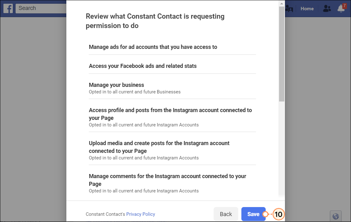 Facebook Integration overlay with active Facebook page and "Your Facebook page was successfully connected!" message, Add Account button, and Done button