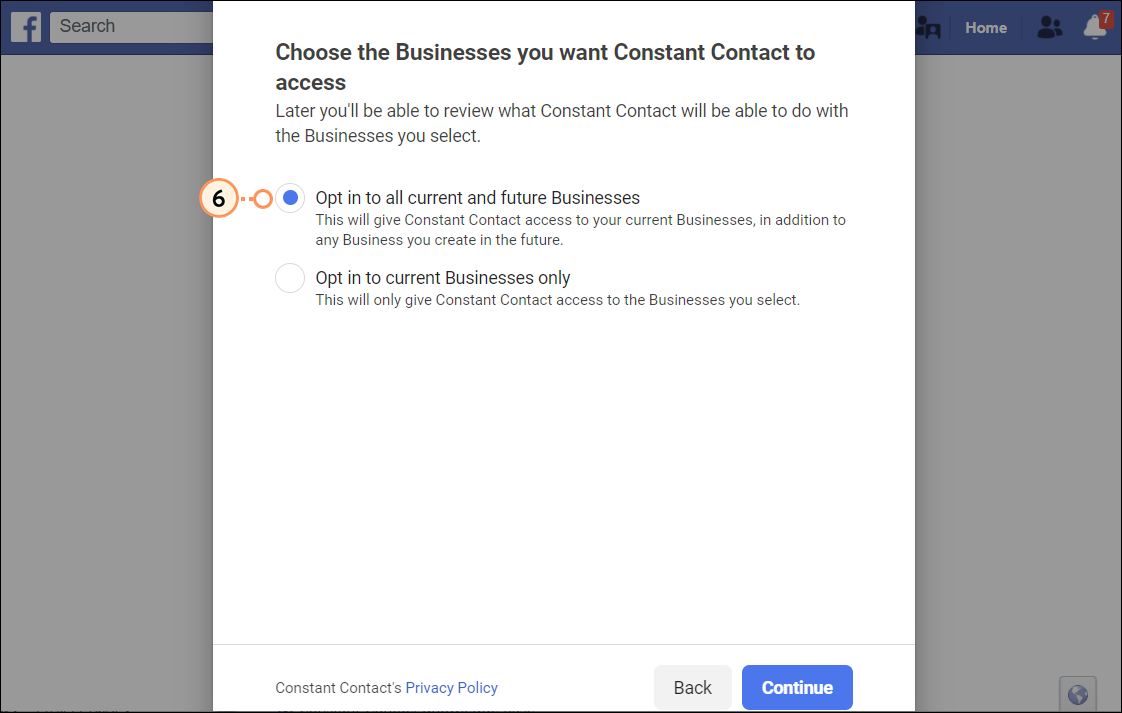 Facebook Integration overlay with active Facebook page and "Your Facebook page was successfully connected!" message, Add Account button, and Done button