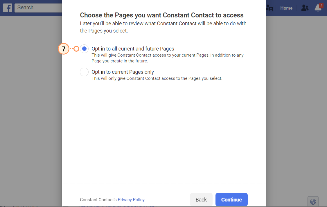 Facebook Integration overlay with active Facebook page and "Your Facebook page was successfully connected!" message, Add Account button, and Done button
