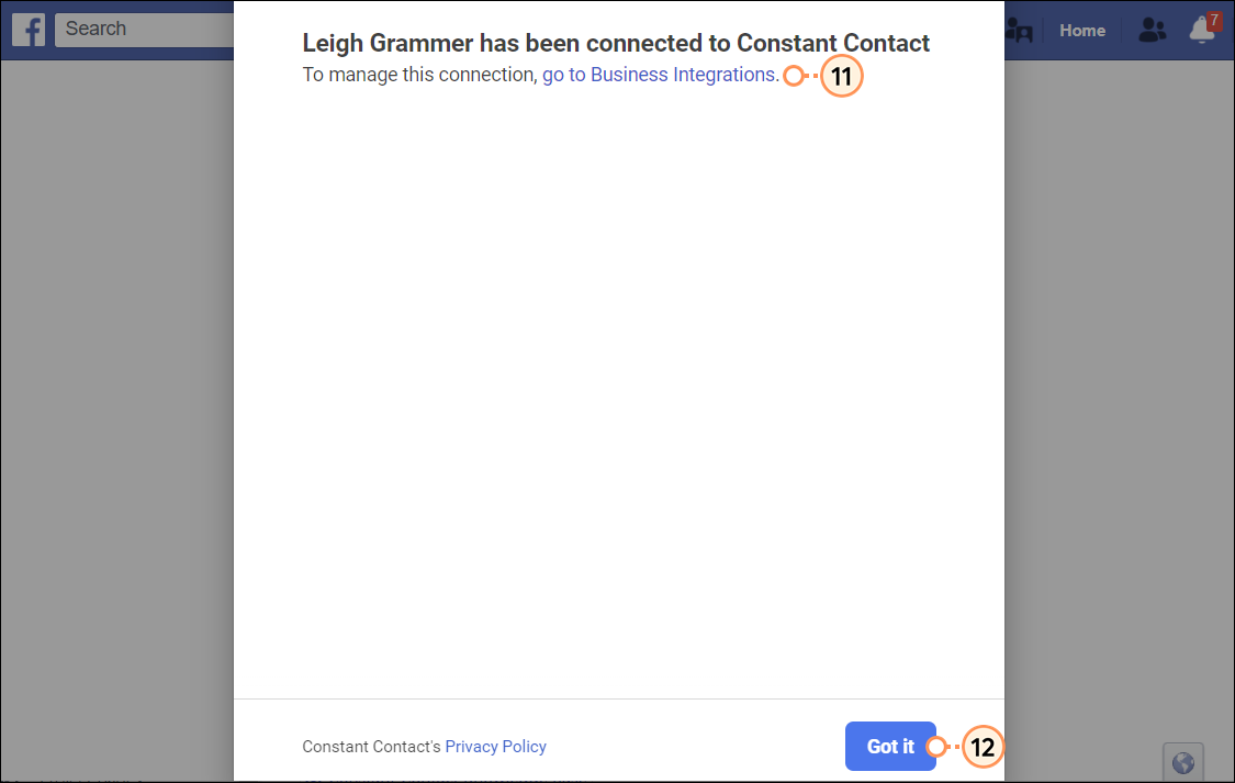 Facebook Integration overlay with active Facebook page and "Your Facebook page was successfully connected!" message, Add Account button, and Done button