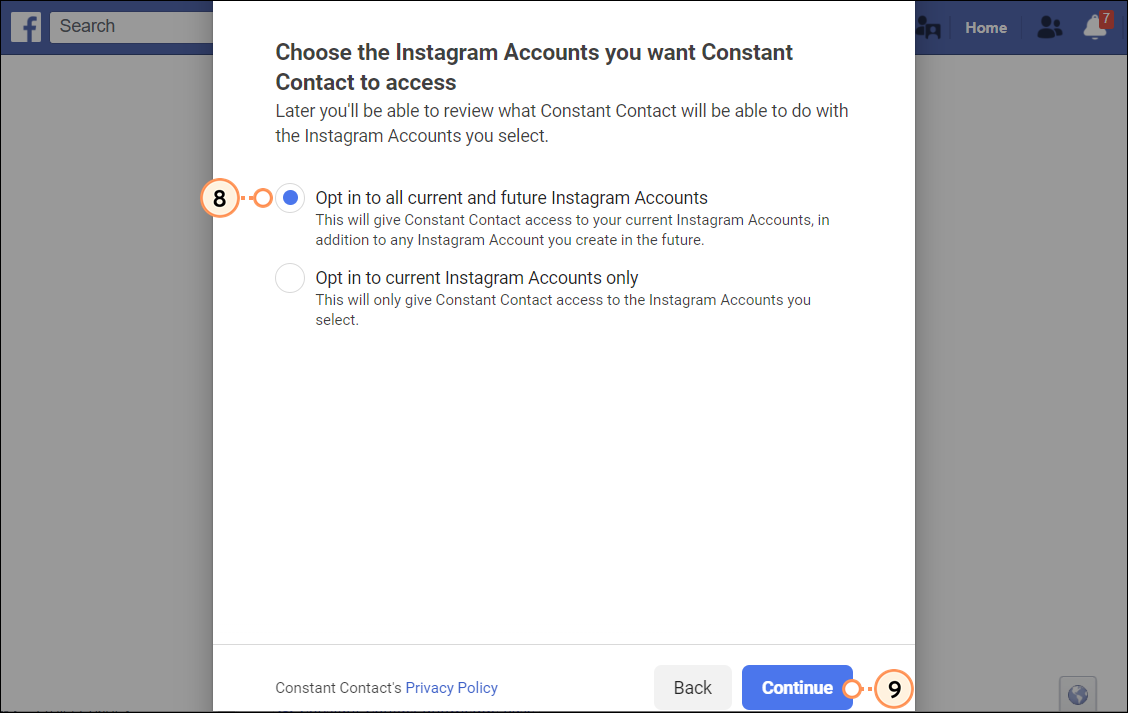 Facebook Integration overlay with active Facebook page and "Your Facebook page was successfully connected!" message, Add Account button, and Done button
