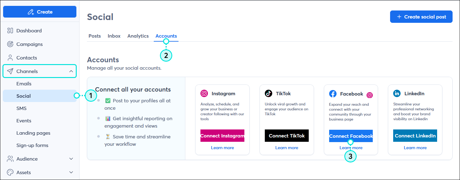 Channels menu expanded with Social option selected, Social dashboard with Accounts tab selected, and Accounts options with Facebook tile and Connect Facebook button