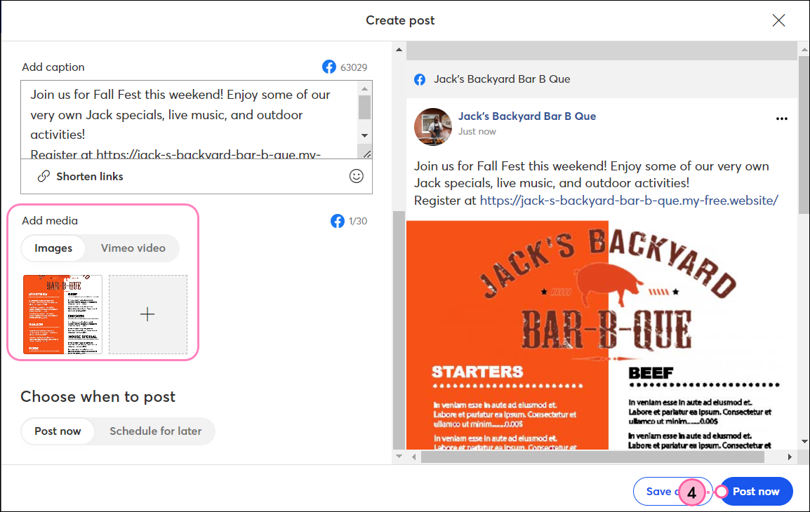 Select social profiles Options, Post Variation Tabs, Enter text Field, Add Images option, Schedule for later options, and Schedule Post Button