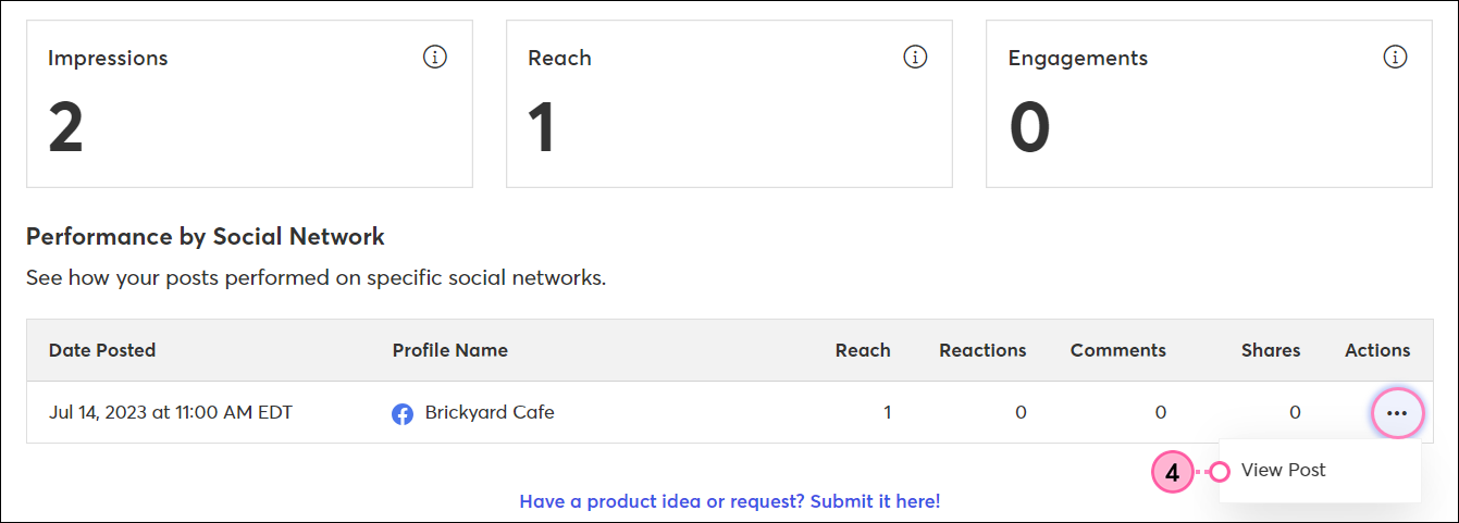 Social Post Details page, Reporting tab selected, and Facebook post drop-down menu expanded with View Post option selected