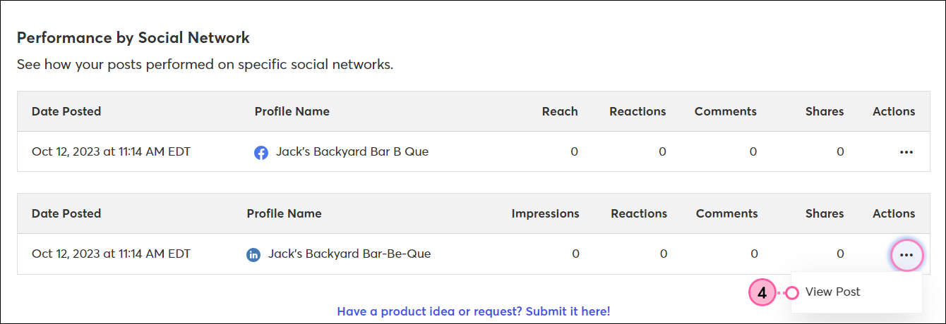 Social Post Details page, Reporting tab selected, and LinkedIn post drop-down menu expanded with View Post option selected