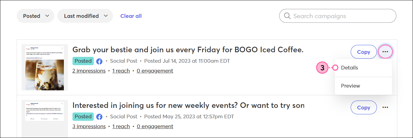 Social tab, Posts tab selected, posted social post menu expanded and Details option selected