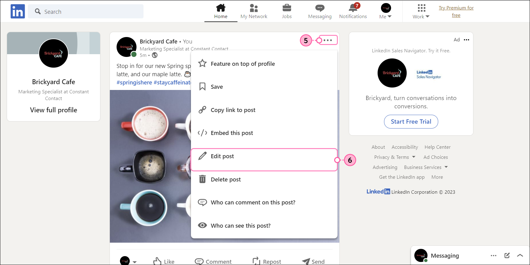 LinkedIn Post Drop-down Menu and Edit update Option