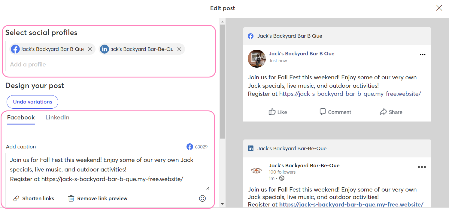 Select social profiles Options, Post Variation Tabs, Enter text Field, Add Images option, Schedule for later options, and Schedule Post Button