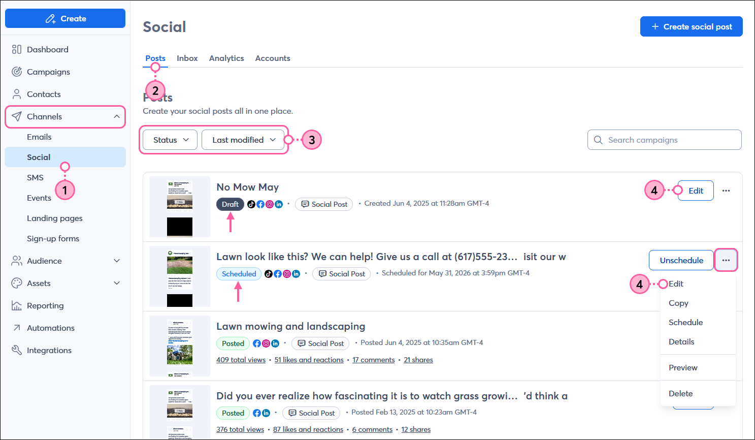 Channels menu expanded with Social option selected, Posts tab with Status drop-down menu and Sort by drop-down menu options, Draft post with Edit button and Scheduled post menu expanded with Edit option selected