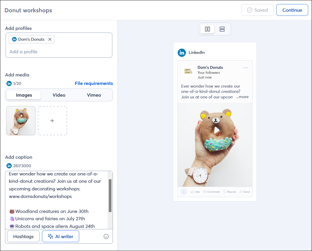 Social post editor with example LinkedIn post with URL, and post preview that truncates the caption text and includes a "...more" option to view the rest of the content Social post editor with example LinkedIn post with URL, and post preview that truncates the caption text and includes a "...more" option to view the rest of the content