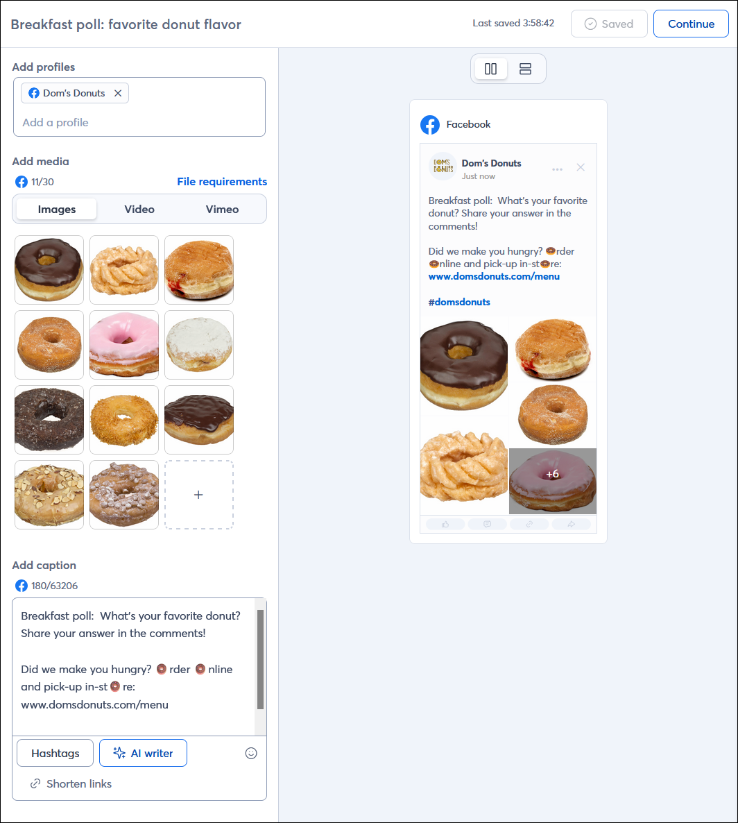 Social post editor with example Facebook post with multiple images and URL, and preview that displays all of the caption text content and includes a + button to view all of the images