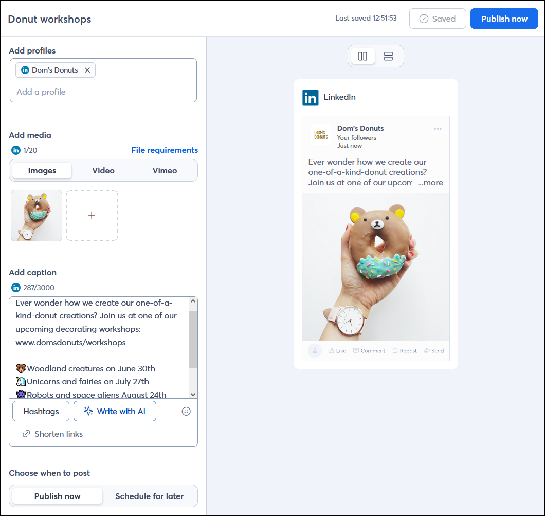 Social post editor with example LinkedIn post with URL, and post preview that truncates the caption text and includes a "...more" option to view the rest of the content