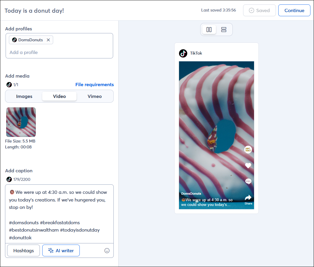 Social post editor with example TikTok post with short-form video and hashtags, and post preview that truncates the caption text and includes a "..." option to view the rest of the content