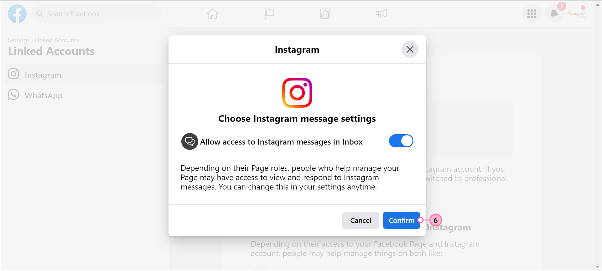 Choose Instagram Message Settings overlay with Allow access to Instagram messages in Inbox option and Continue button