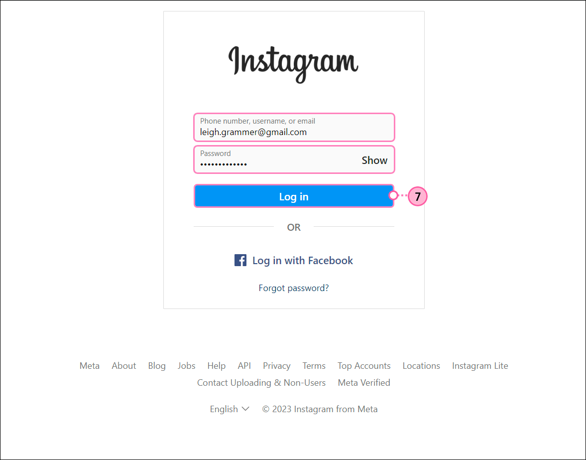 Instagram username and password fields, and Log In button
