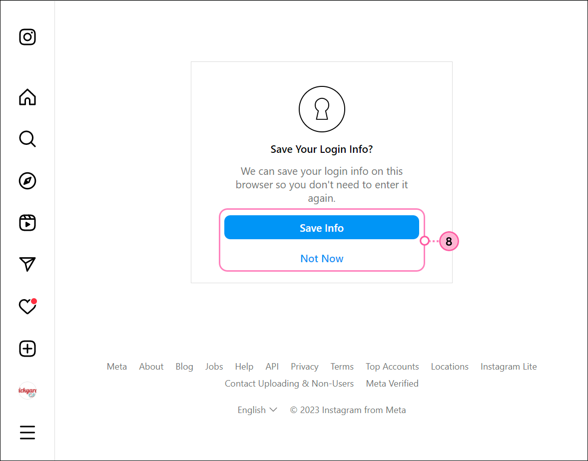 Instagram Save Your Login Info? overlay with Save Info button and Not Now link options