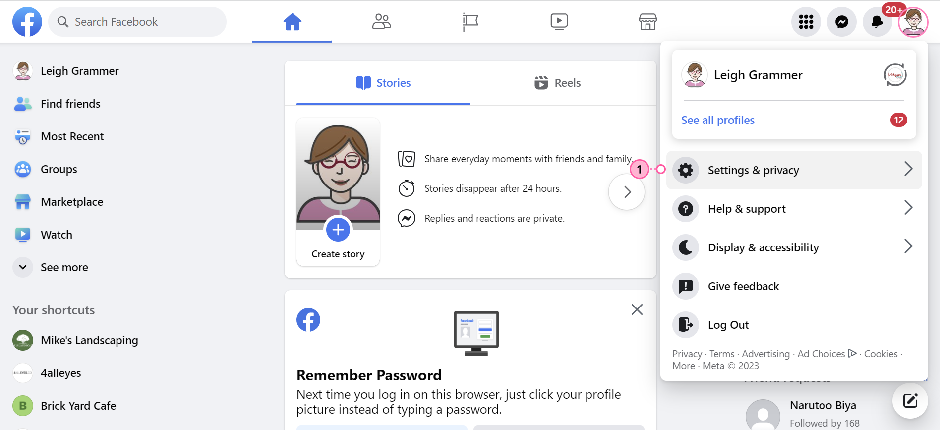 Facebook Personal Profile Drop-down Menu and Settings & Privacy Option