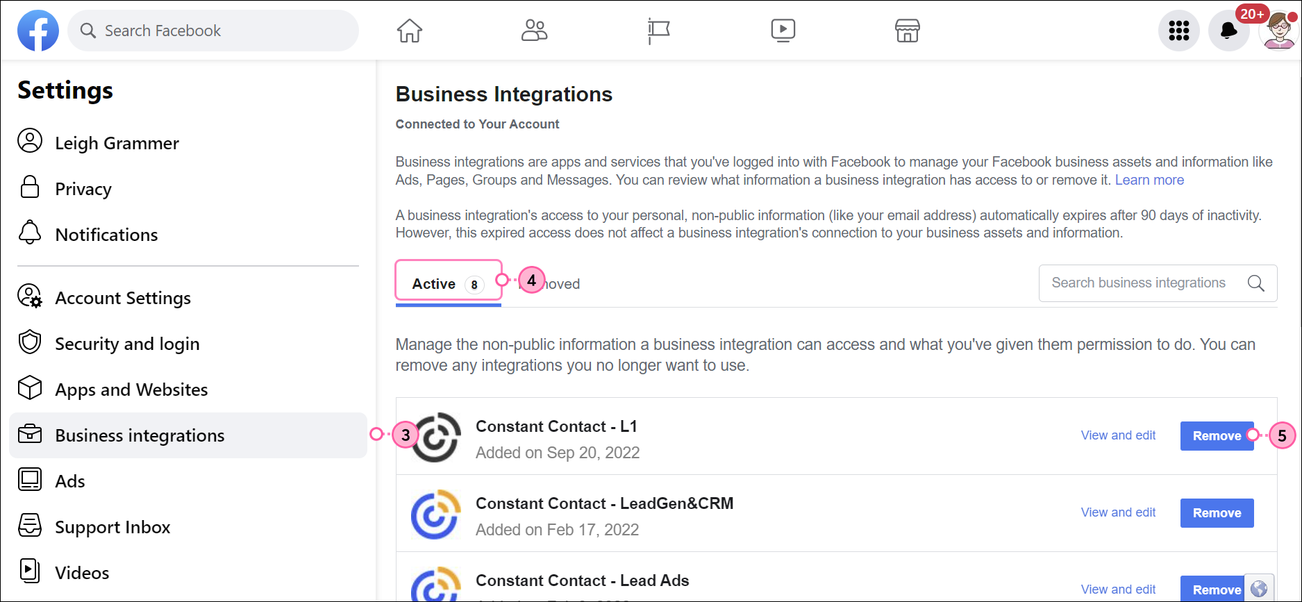 Settings Menu, Business Integration Option, Active Tab, Constant Contact App Selected, and Remove Button