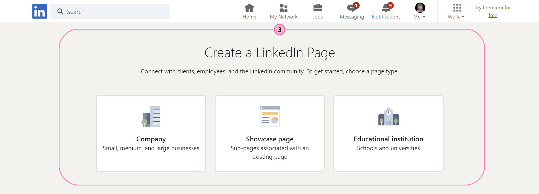 Small business, Medium to large business, Showcase page, and Educational institution Page Options