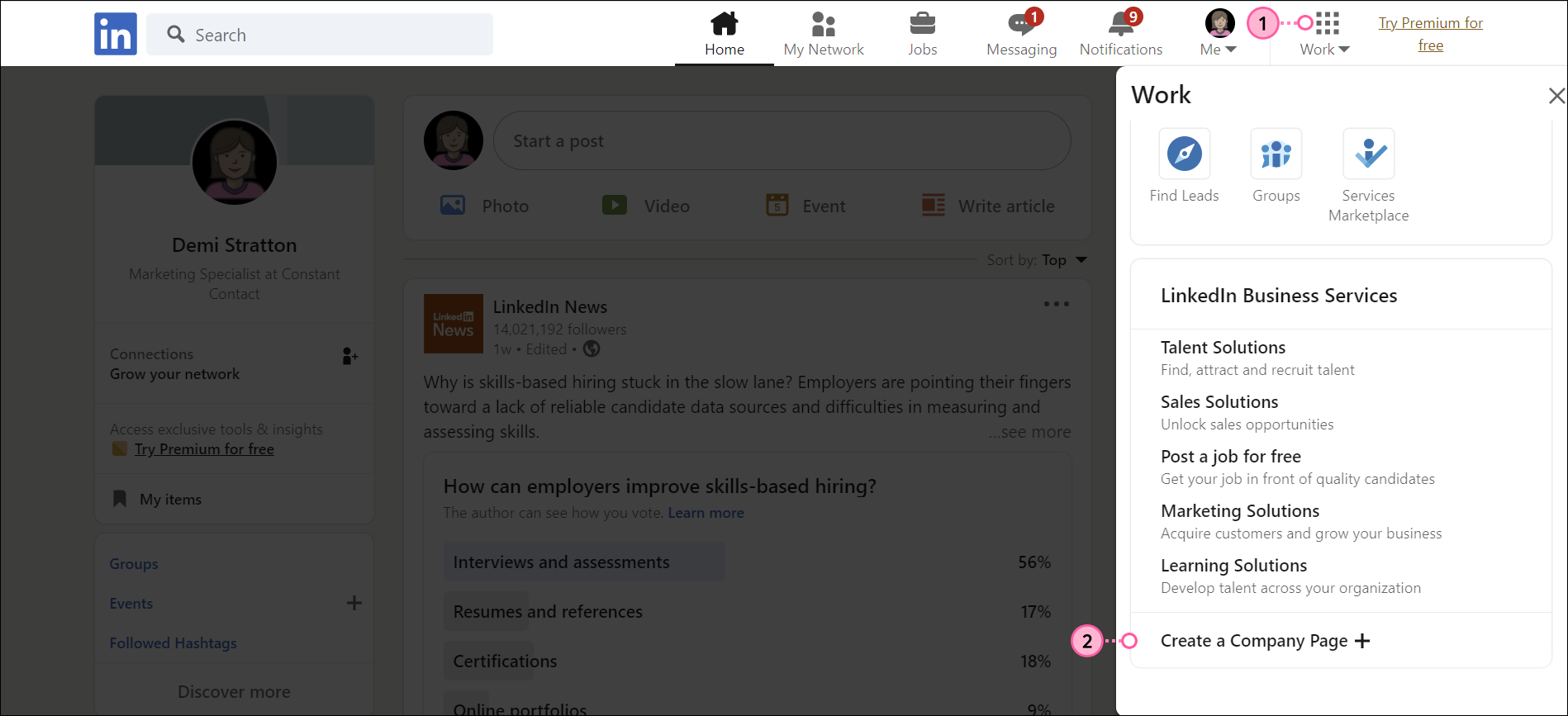 Work Drop-down Menu and Create Company Page Option