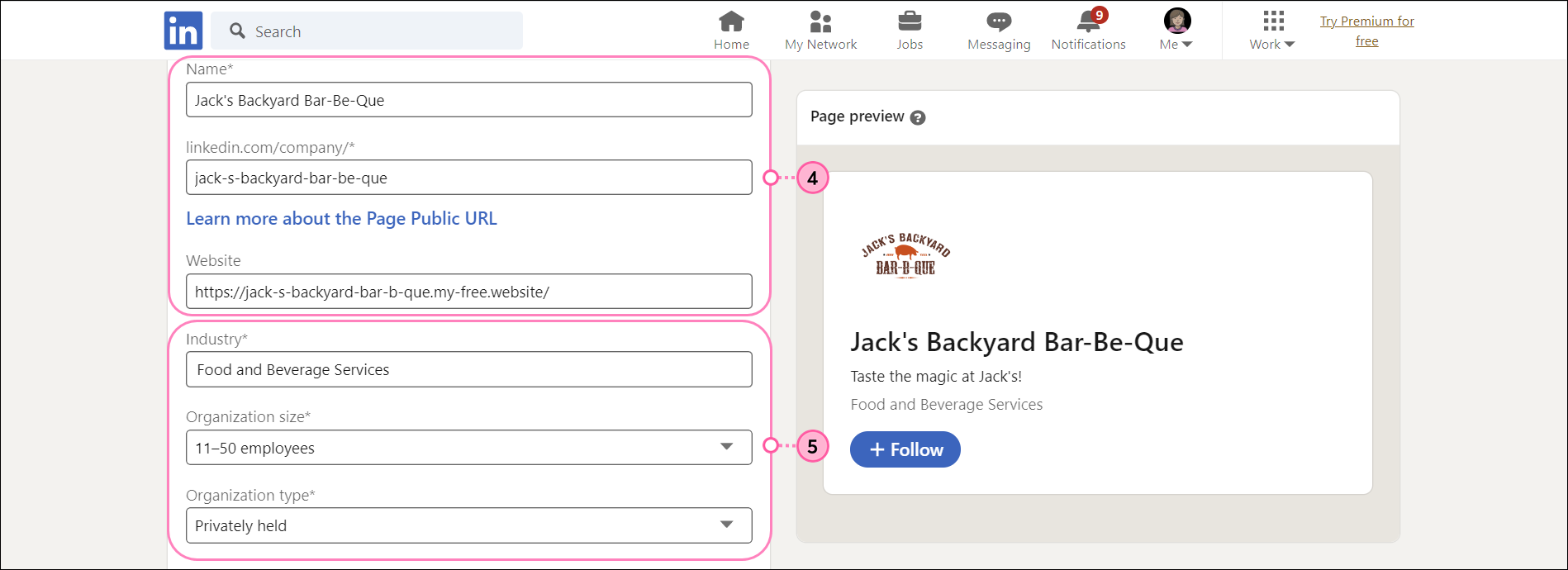 Page identity, Company details, and Profile details Sections, Terms for Pages Checkbox, and Create page Button
