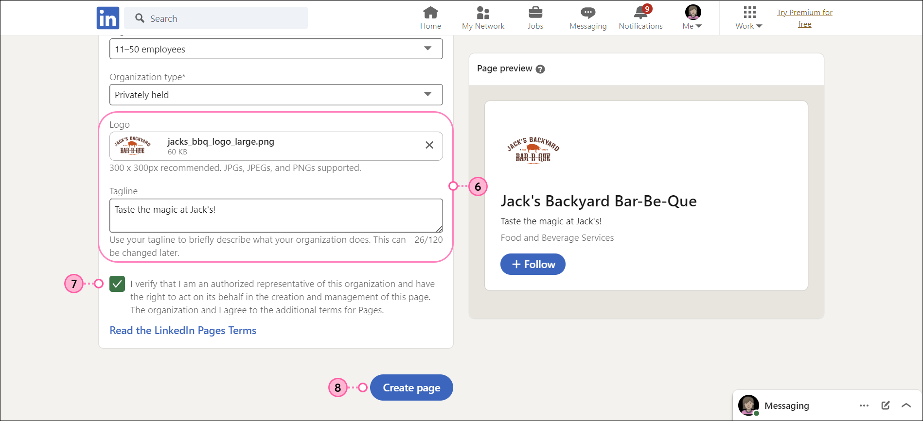 Page identity, Company details, and Profile details Sections, Terms for Pages Checkbox, and Create page Button