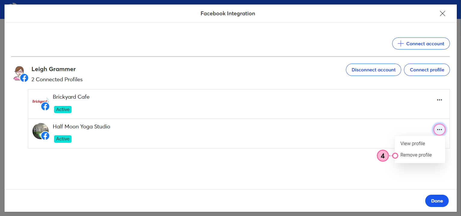 Facebook Integration overlay with multiple Facebook profiles, profile options menu expanded and Disconnect Profile option selected