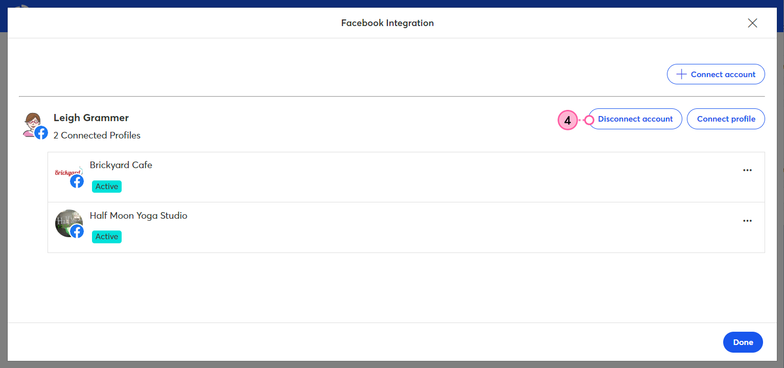 Facebook Integration overlay with multiple Facebook accounts, and Disconnect Account button