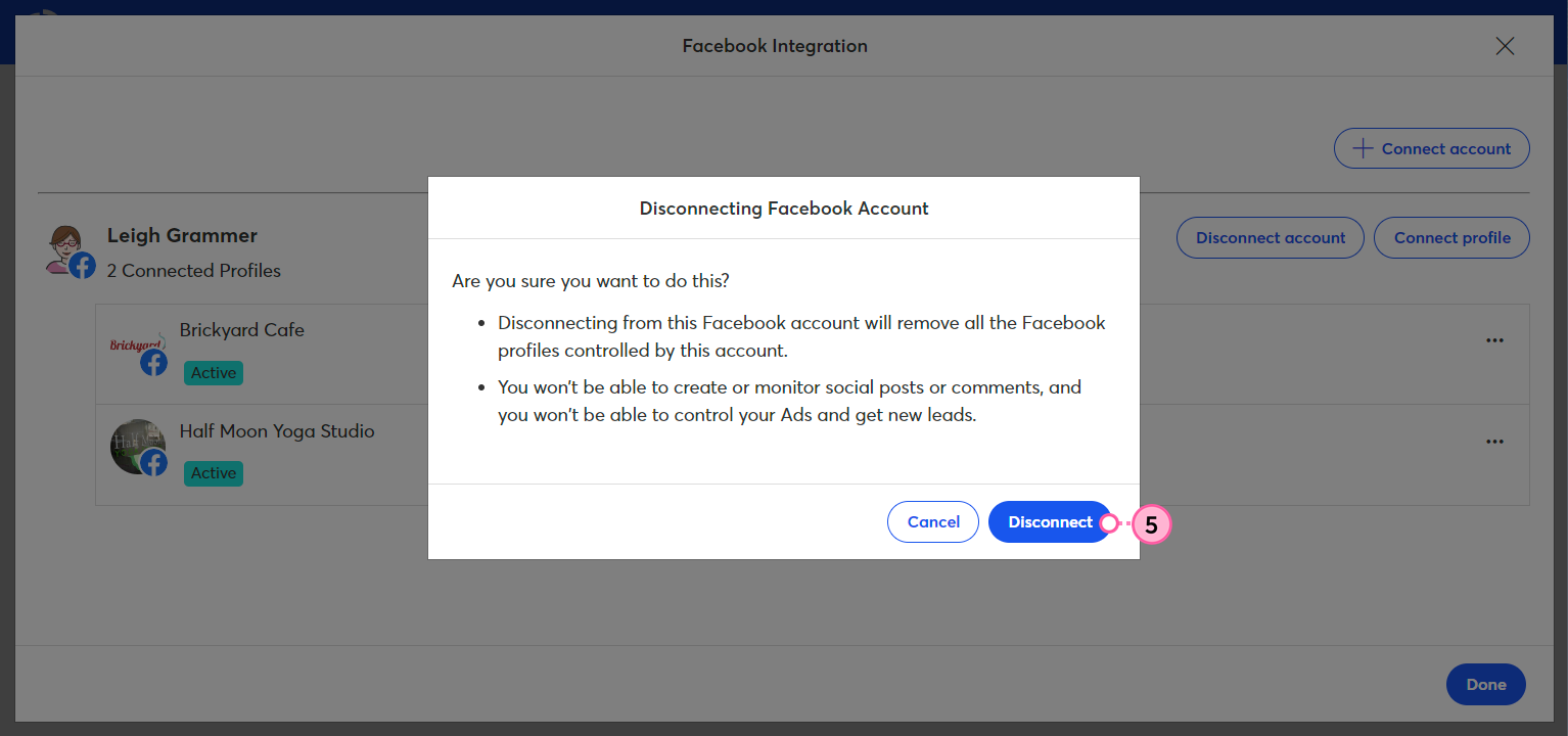 Disconnecting Facebook Account overlay and Disconnect button