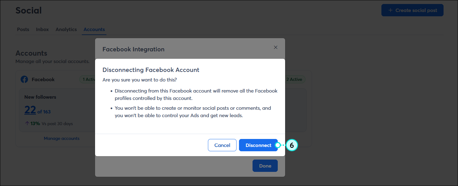 Disconnecting Facebook account overlay and Disconnect button