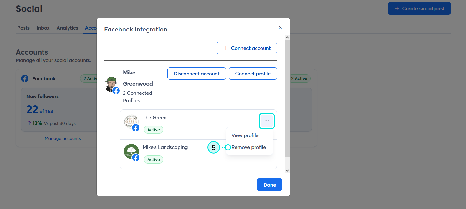 Facebook integration overlay with connected Facebook account and two connected profiles, an active profile menu expanded, and Remove profile option